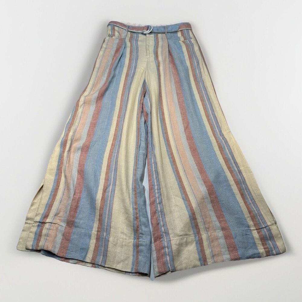 Anthropologie Wide Leg Palazzo Pants Womens 8P Striped Linen Blend Belted Boho